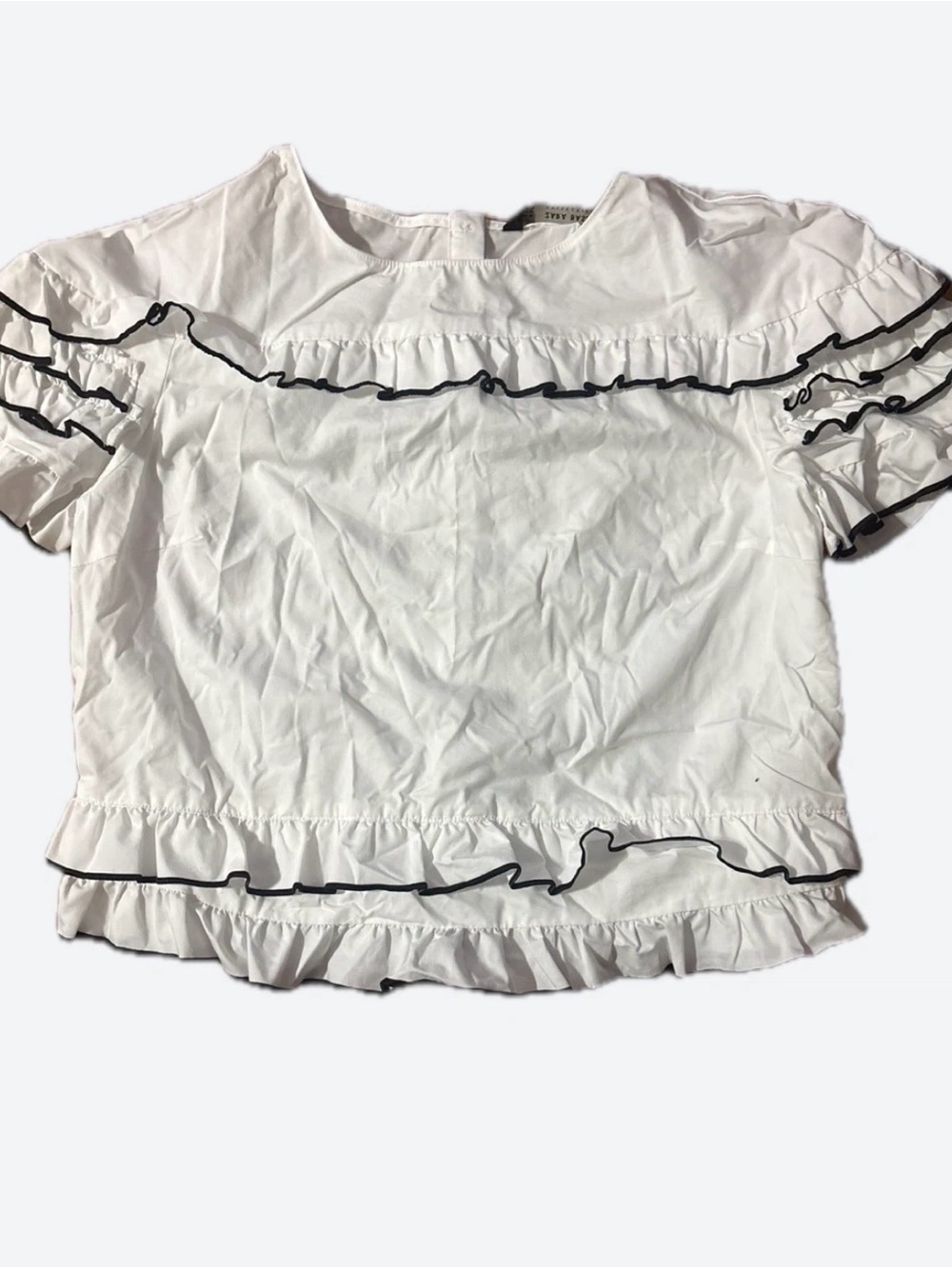 Zara White Ruffle Blouse with Black Trim